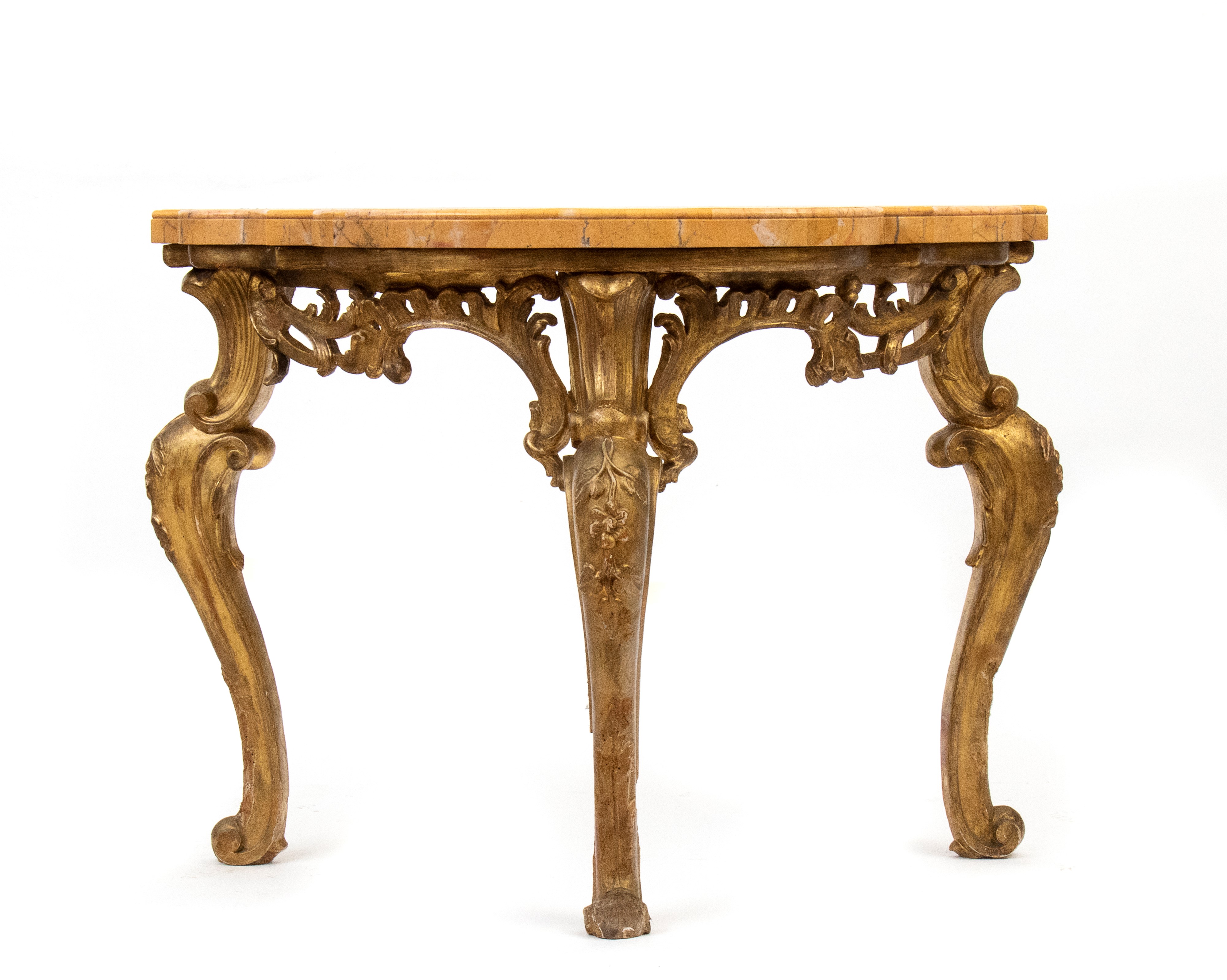 Console italiana Luigi XVI, struttura in legno dorato e piano in marmo giallo Siena (Roma, XVIII ...