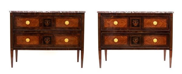 A pair of Italian  inlaid chests of drawers, Louis XVI