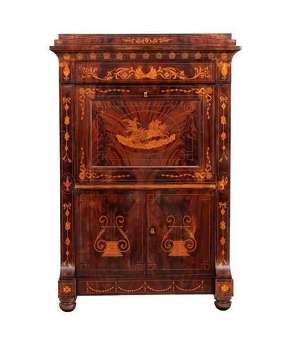 Secretaire d’epoca, stile Impero olandese, intarsiato in legni pregiati
