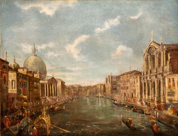 Artista attivo a Venezia, XIX secolo - View of the Grand Canal with San Simeone Piccolo, the Scalzi church and Santa Croce