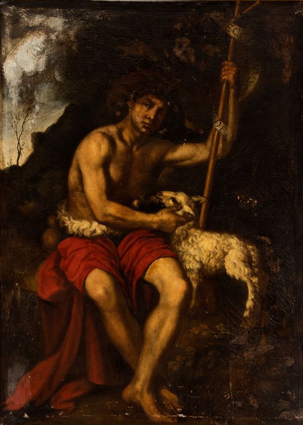 Artista caravaggesco attivo a Roma, prima met&#224; XVII secolo - Saint John the Baptist in a landscape
