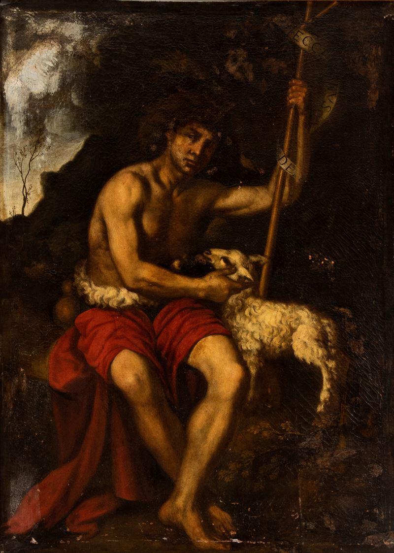 Artista Caravaggesco Attivo a Roma, Prima Metà XVII Secolo - San Giovanni Battista in un Paesaggi...