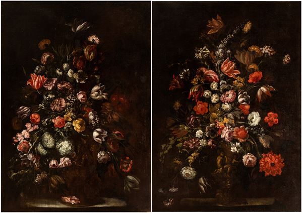 Artista attivo a Firenze, seconda met&#224; XVII secolo - Pair of large still life paintings with bouquets of flowers in storied metal vessels