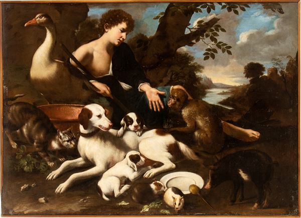 Maestro degli Armenti - Shepherd in a landscape with dogs and various animals