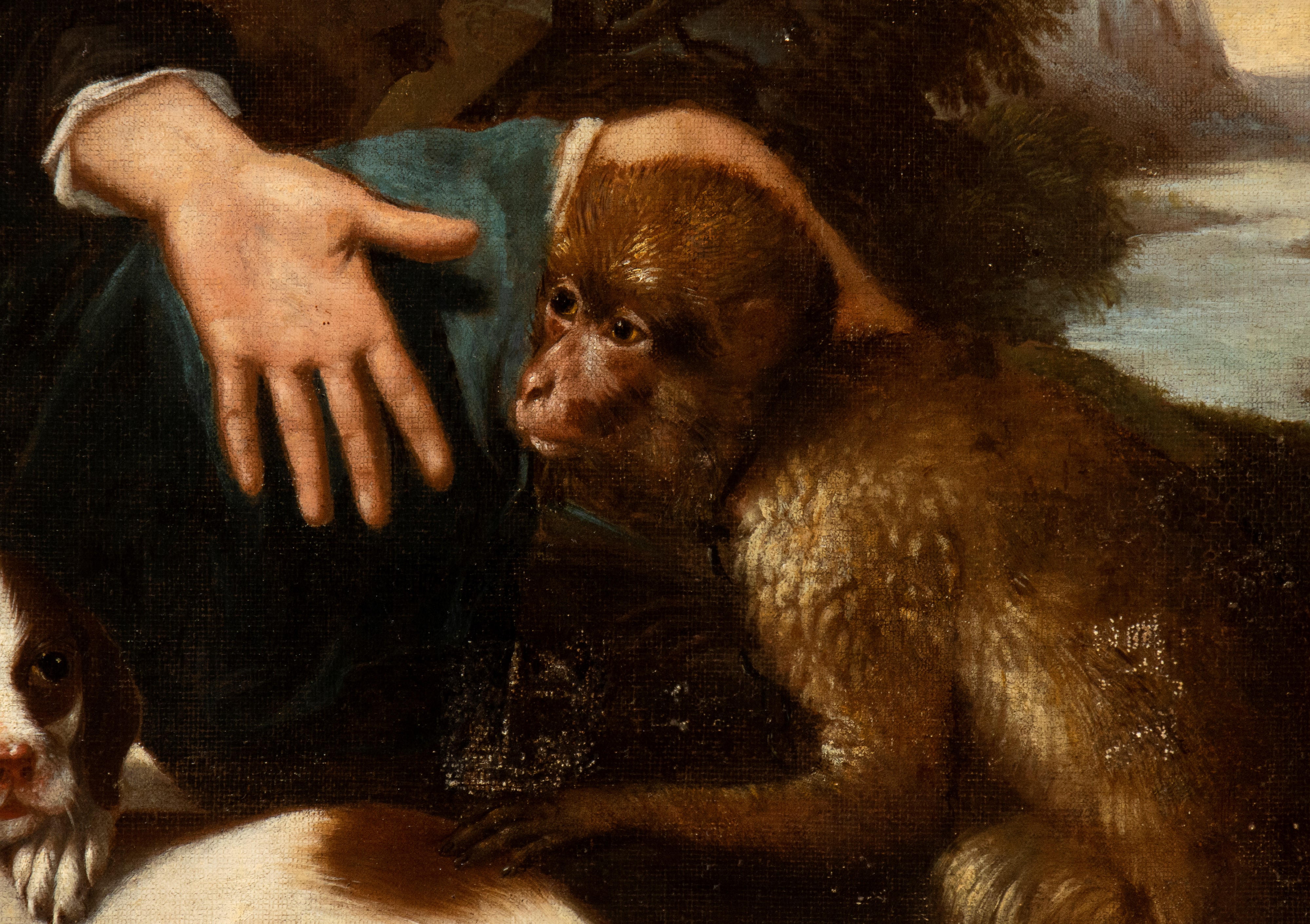 Pastore in un paesaggio con cani e vari animali