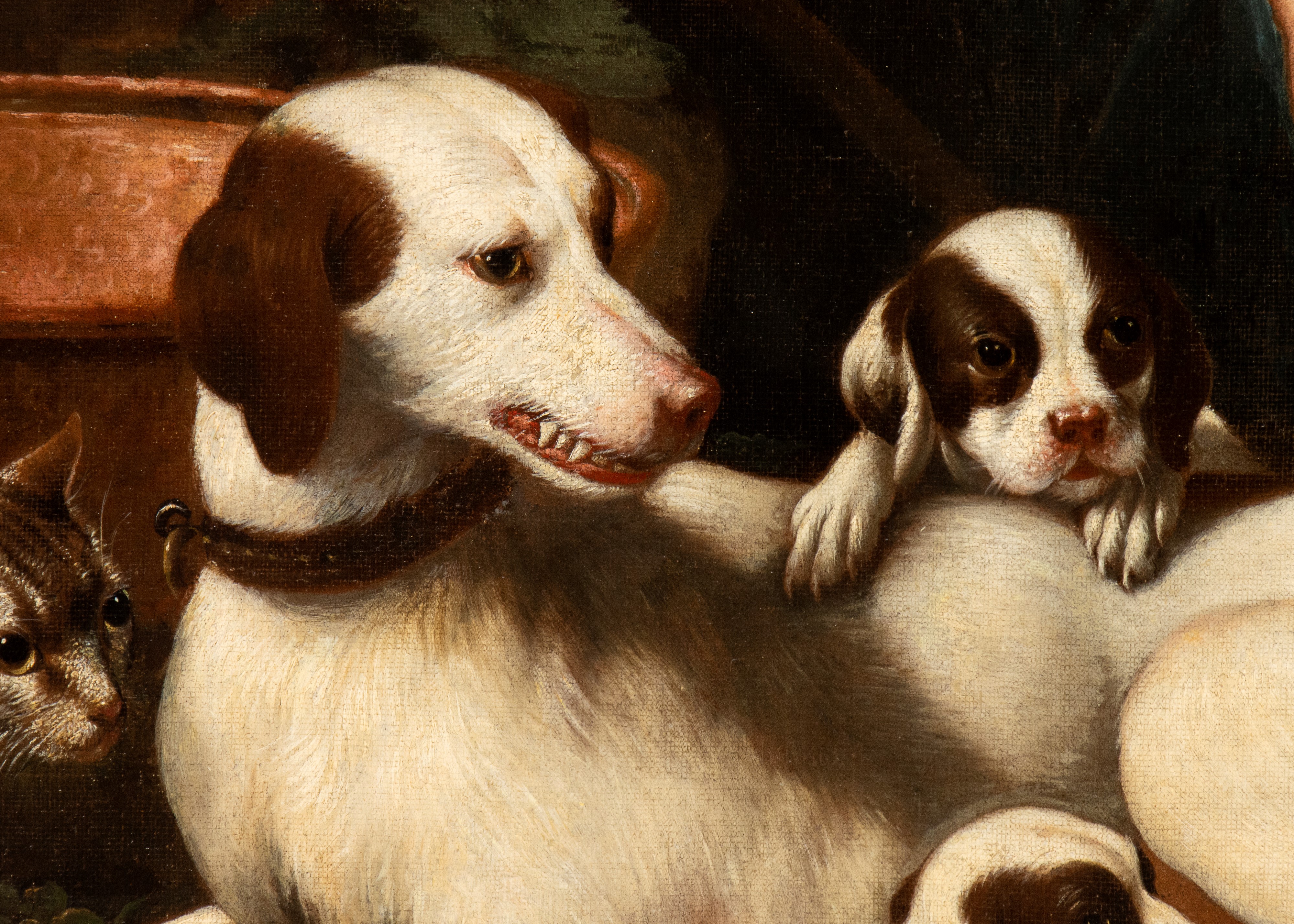 Pastore in un paesaggio con cani e vari animali