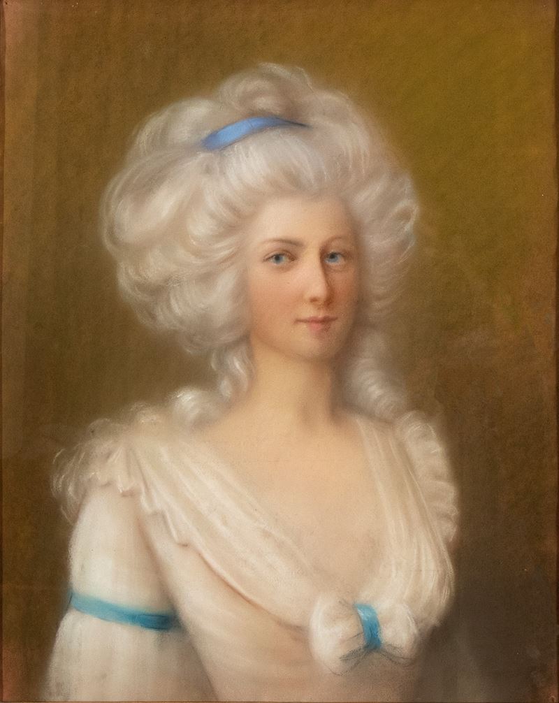 Artista Francese, Fine XVIII - Inizio XIX Secolo - Ritratto di dama con nastri blu, pastello su c...