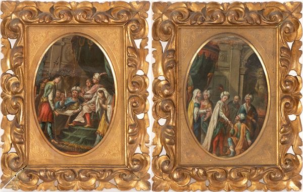 Artista genovese, XVII secolo - a) Judgment scene with prisoner; b) Thanksgiving scene with genuflection. Pair of paintings