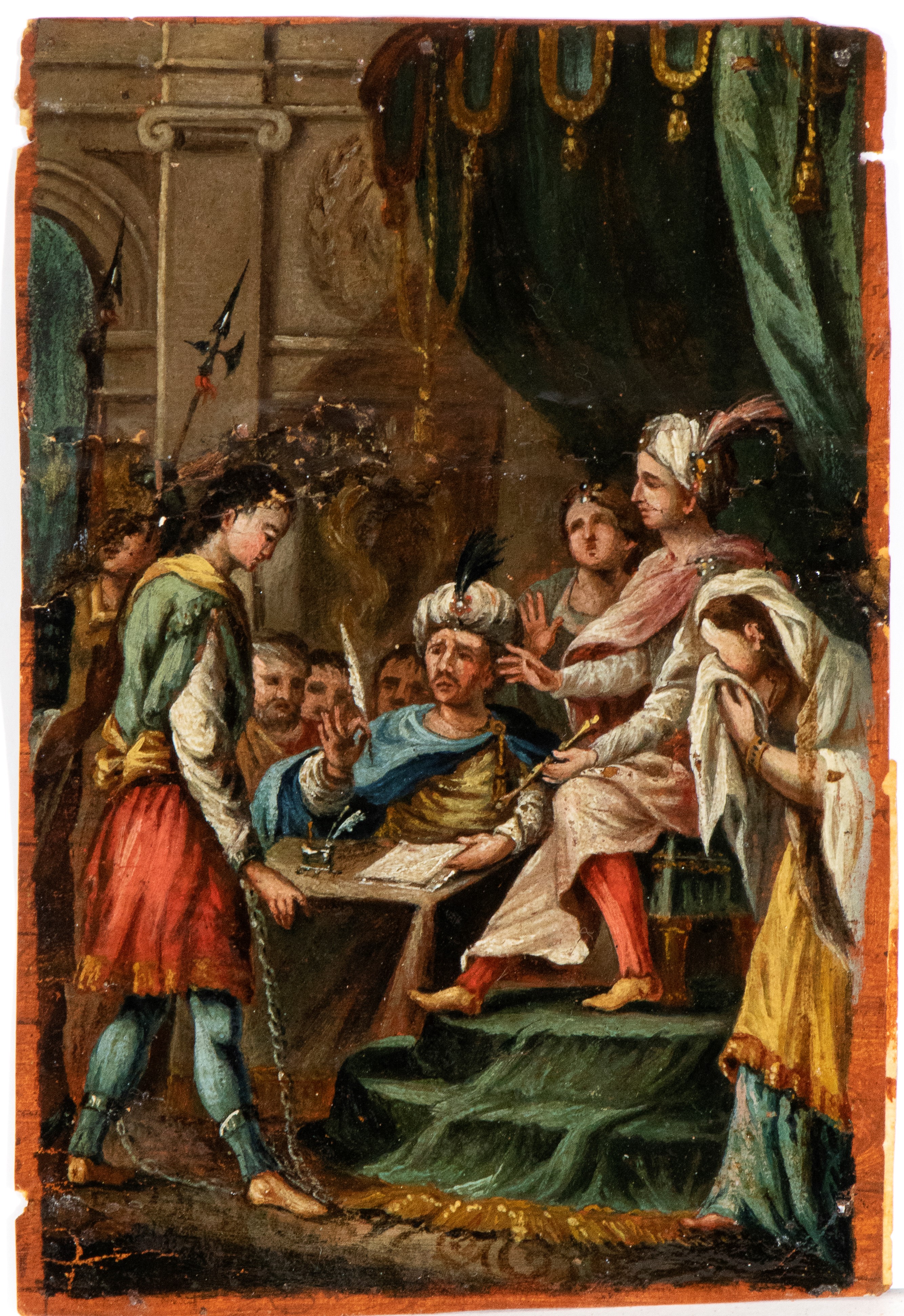 Artista Genovese, XVII Secolo - Coppia di dipinti, Scene di giudizio e ringraziamento, olio su ca...