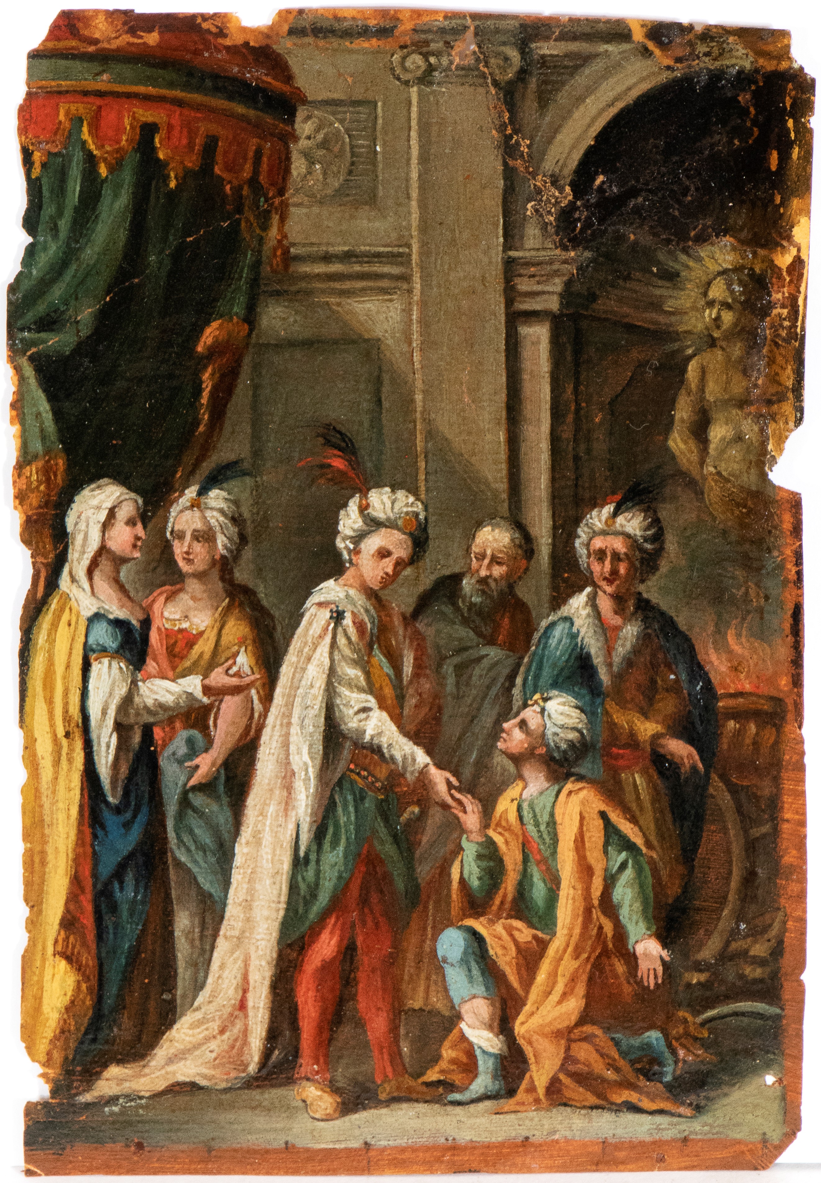 Artista Genovese, XVII Secolo - Coppia di dipinti, Scene di giudizio e ringraziamento, olio su ca...