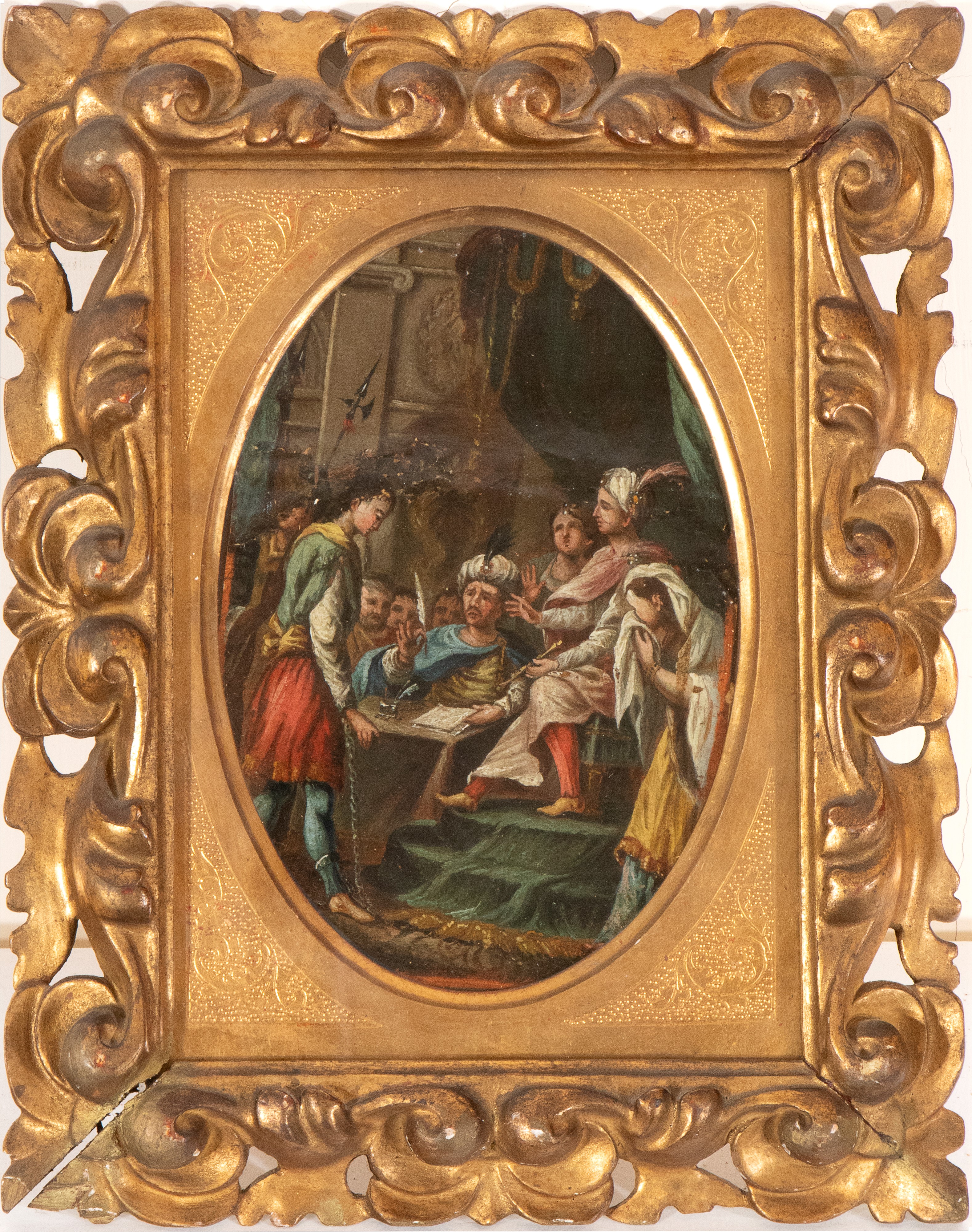 Artista Genovese, XVII Secolo - Coppia di dipinti, Scene di giudizio e ringraziamento, olio su ca...