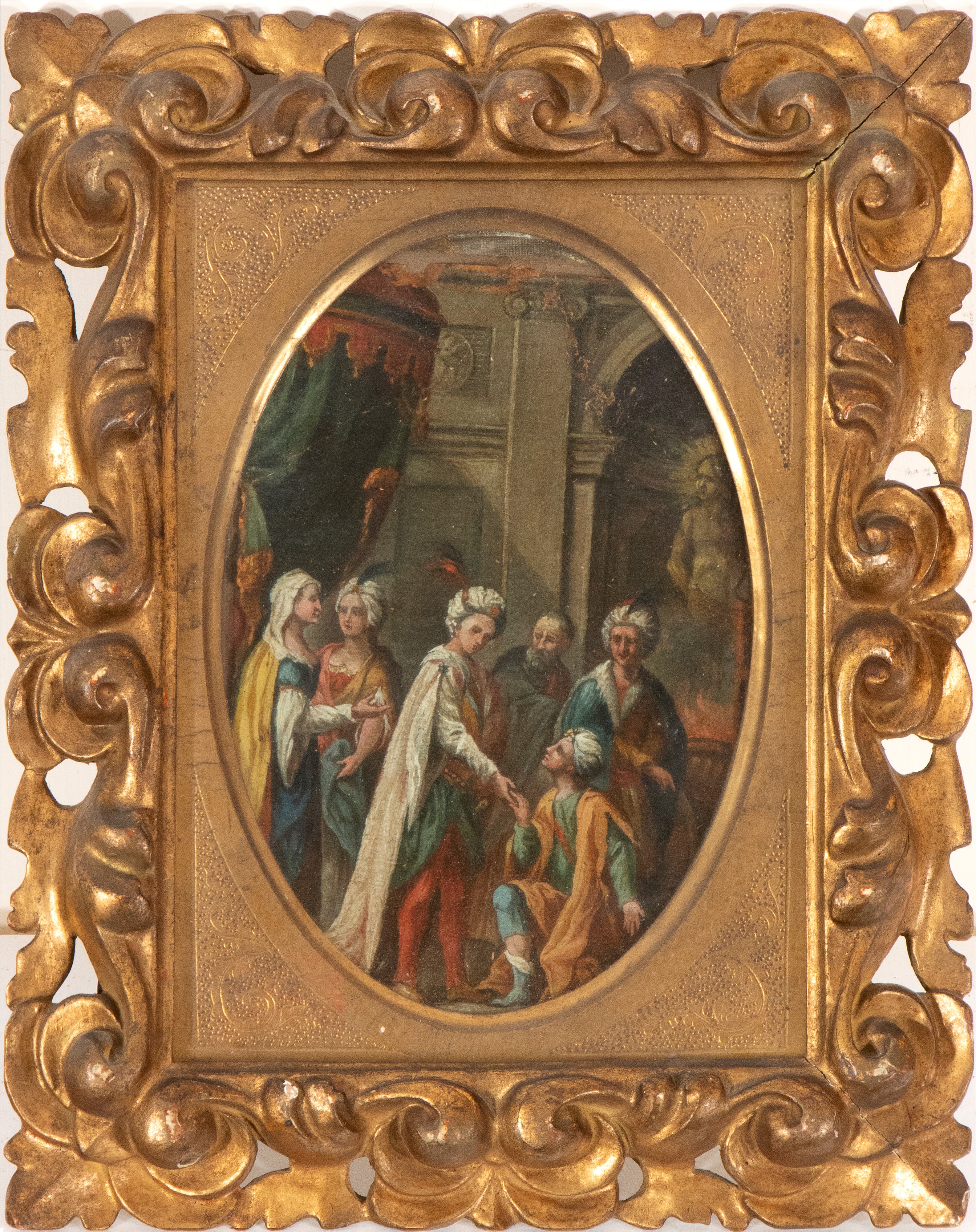 Artista Genovese, XVII Secolo - Coppia di dipinti, Scene di giudizio e ringraziamento, olio su ca...