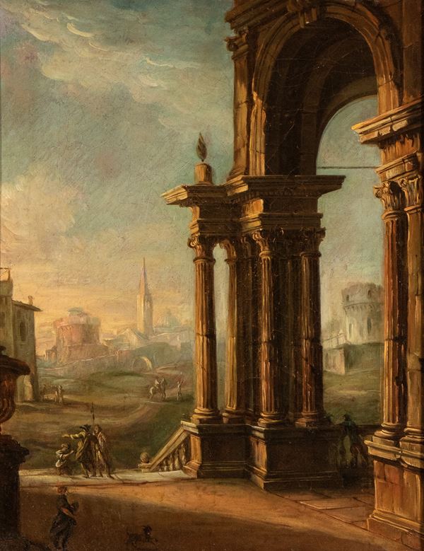 Gherardo Poli - Architectural capriccio with portico and figures