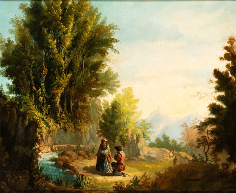 Artista Francese, Prima Metà XIX Secolo - Paesaggio con scena galante e ruscello, olio su tela