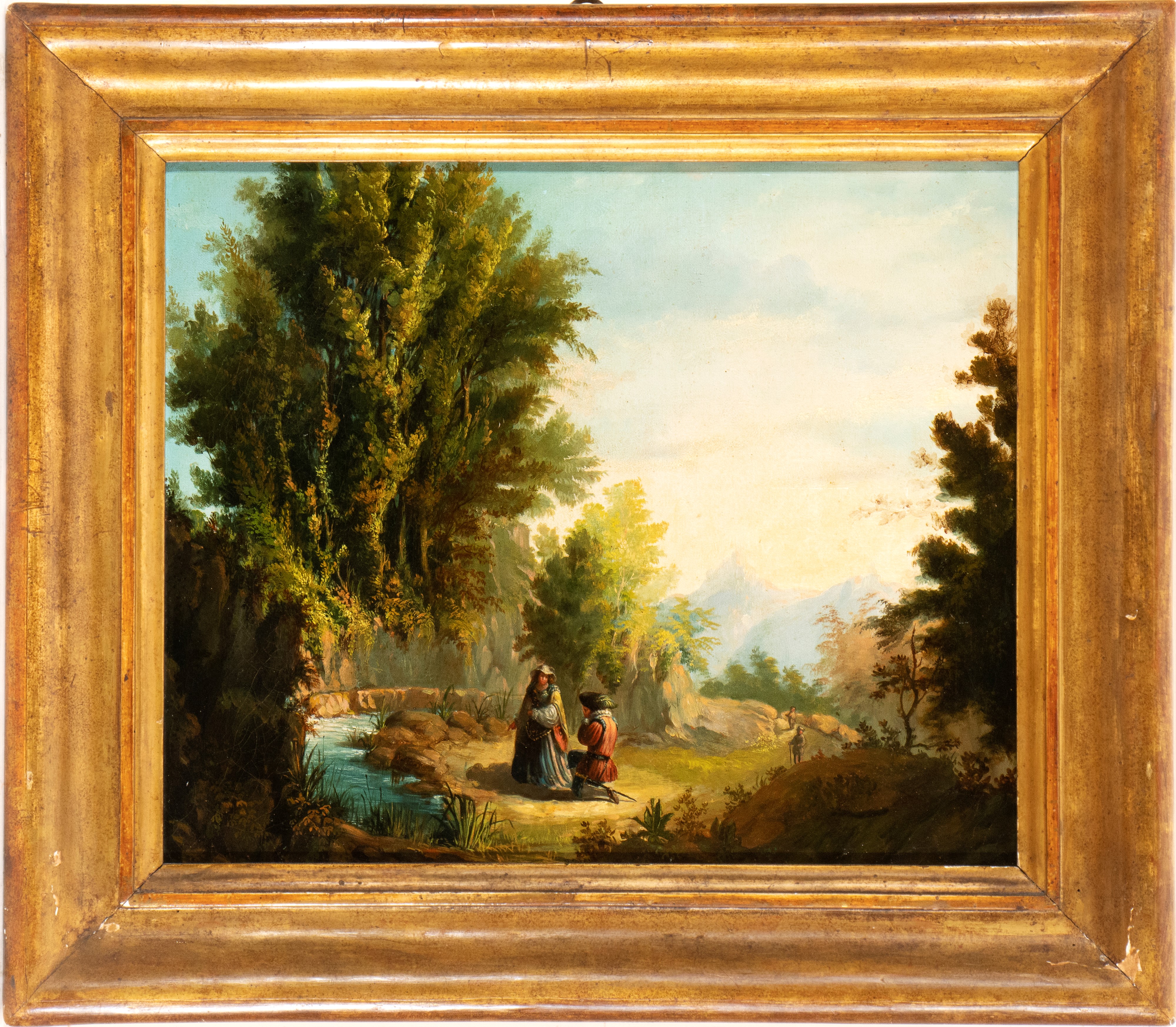 Artista Francese, Prima Metà XIX Secolo - Paesaggio con scena galante e ruscello, olio su tela