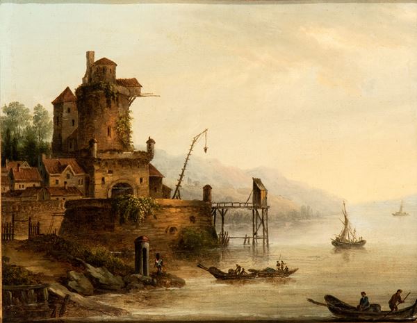 Artista fiammingo, XVIII secolo - Marina with pier and dwellings