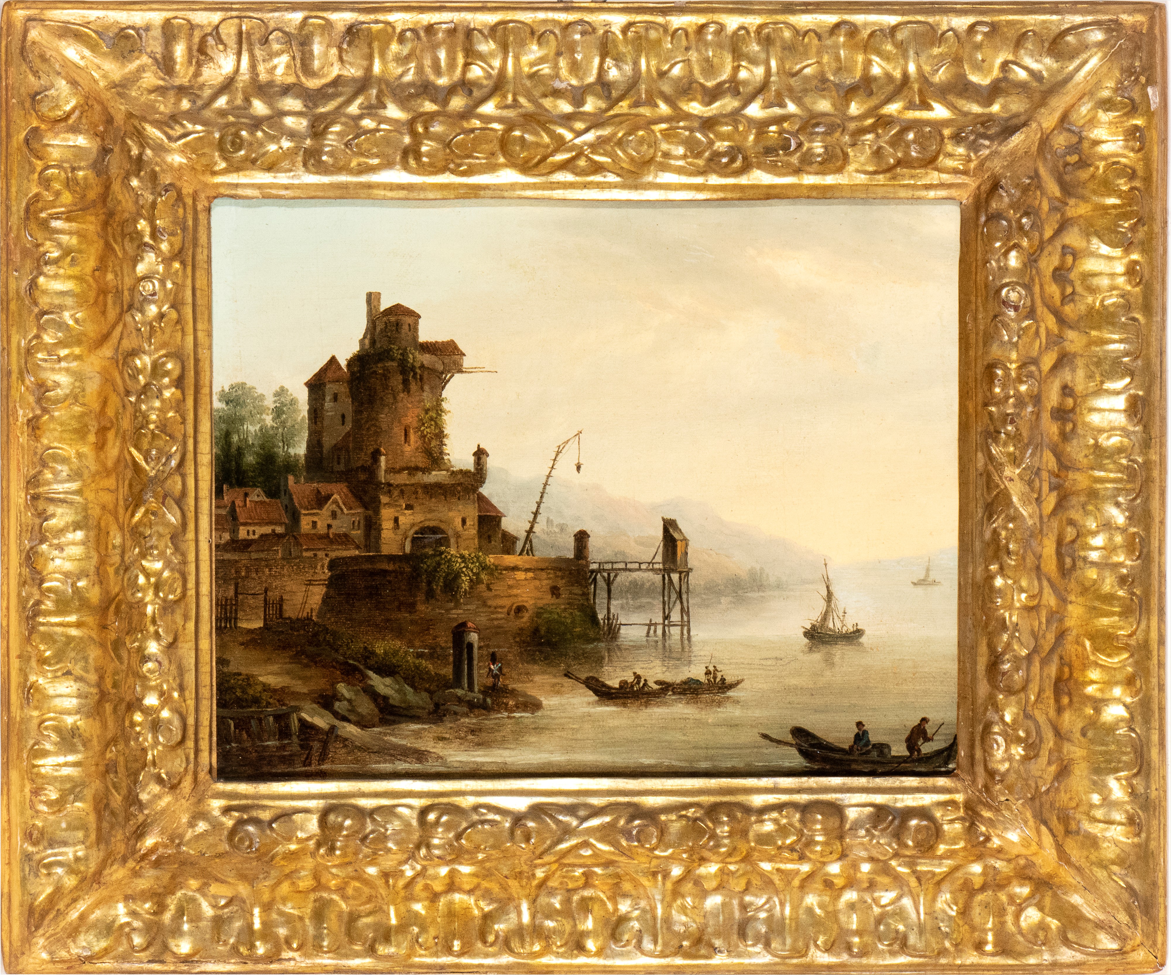 Artista Fiammingo, XVIII Secolo - Marina con Villaggio e Imbarcazioni