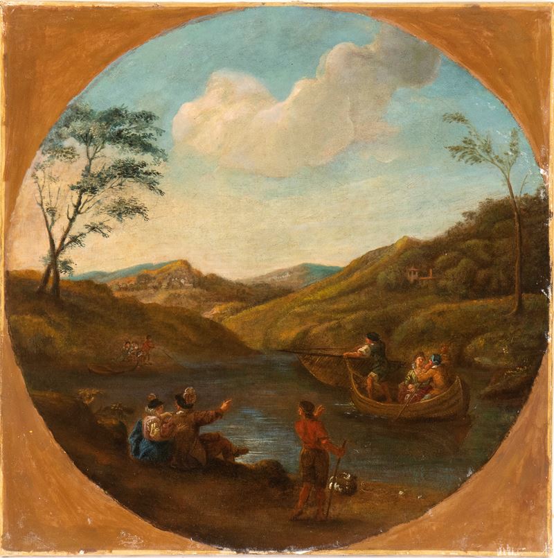 Artista Emiliano, XVII - XVIII Secolo - Paesaggio con fiume, imbarcazioni e figure, olio su tela