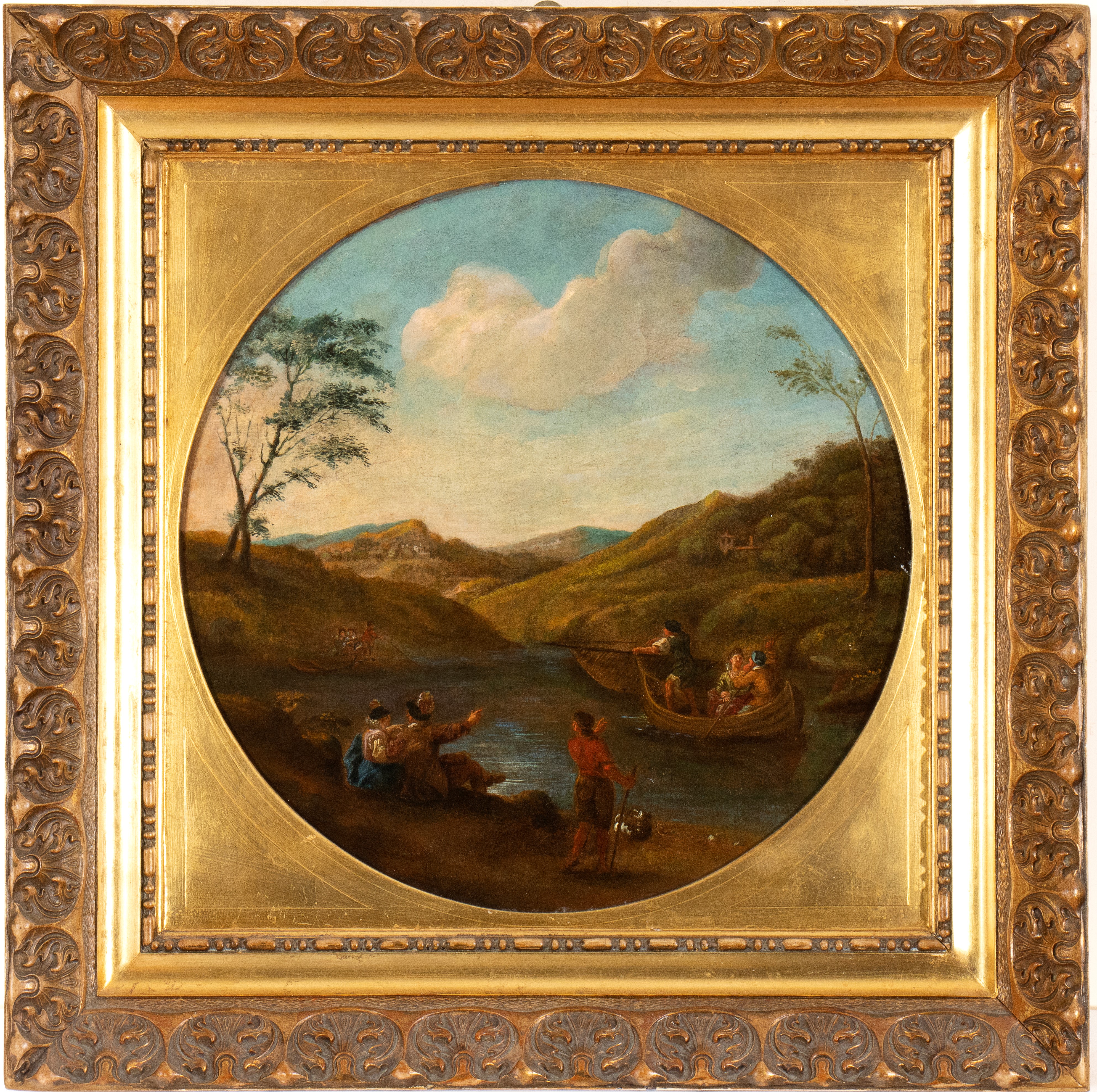 Artista Emiliano, XVII - XVIII Secolo - Paesaggio con fiume, imbarcazioni e figure, olio su tela