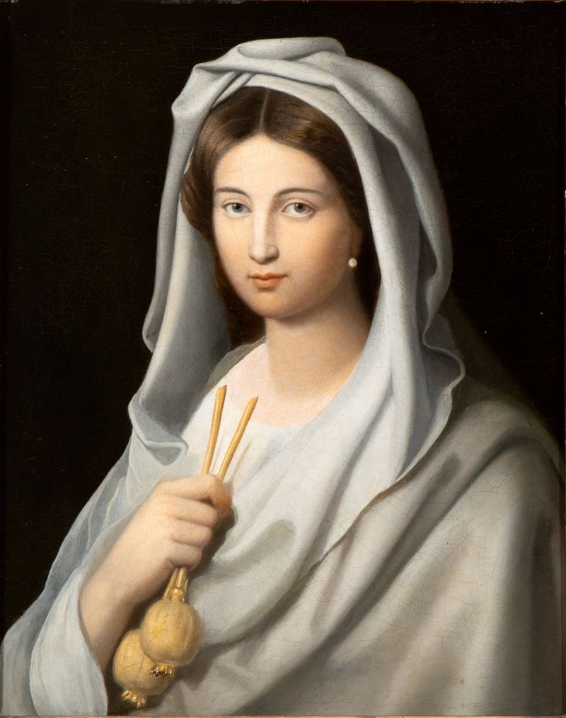 Artista Neoclassico, XIX Secolo - Ritratto di Donna Velata con Papaveri da Oppio
