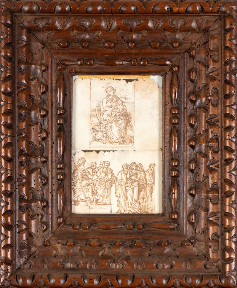 Autore sconosciuto, Madonna col bambino e Giudizio di Salomone, inchiostro bruno su carta vergata
