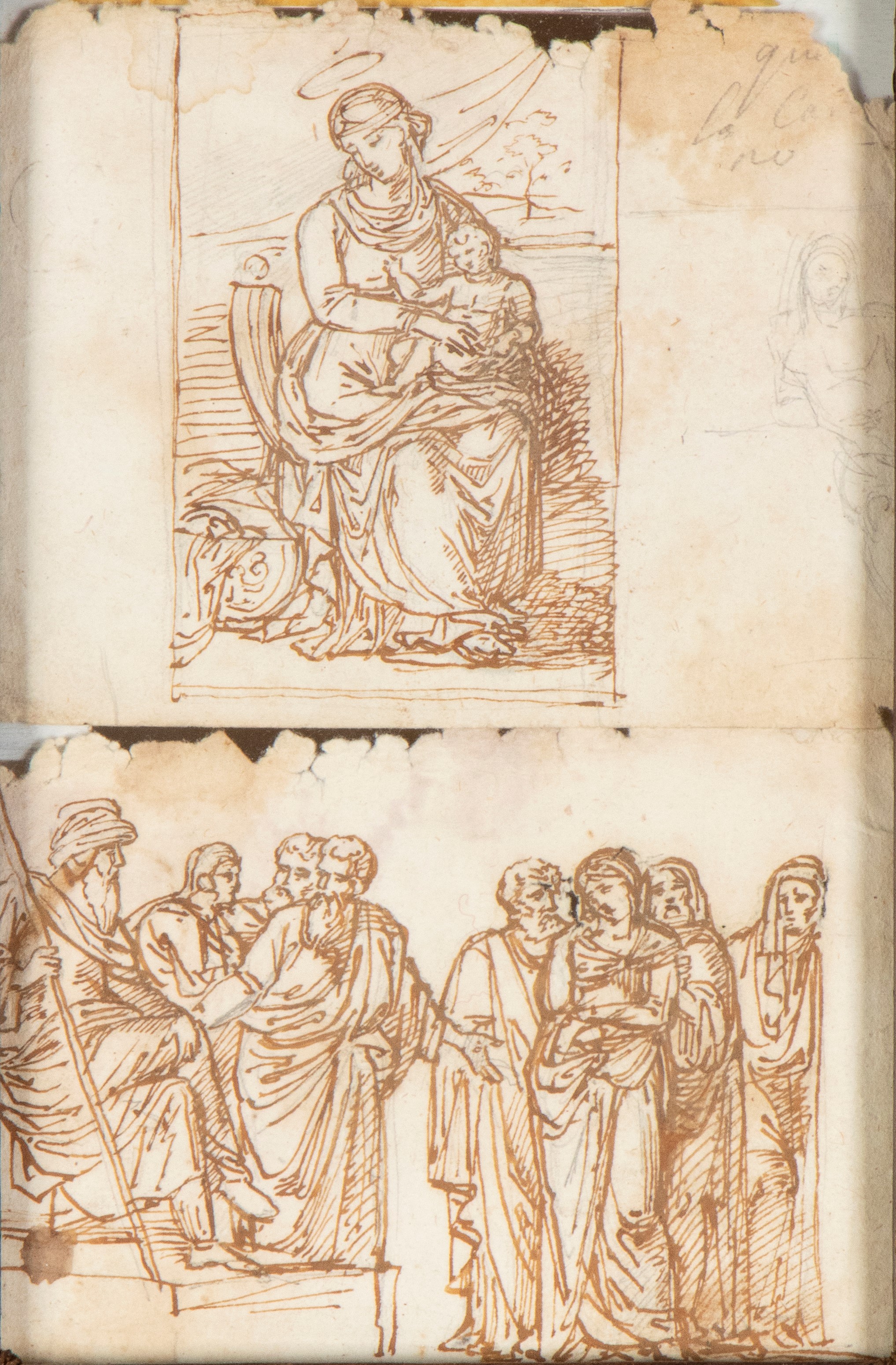 Autore sconosciuto, Madonna col bambino e Giudizio di Salomone, inchiostro bruno su carta vergata
