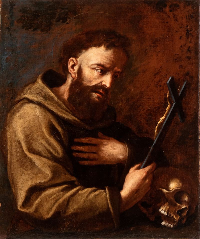 Artista Emiliano, XVII Secolo - San Francesco in adorazione del crocifisso, olio su tela