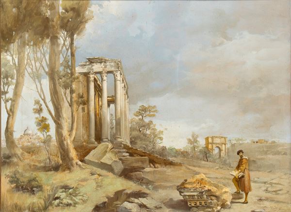 Artista italiano, fine XIX - inizio XX secolo - Arista at ruins in the Roman countryside