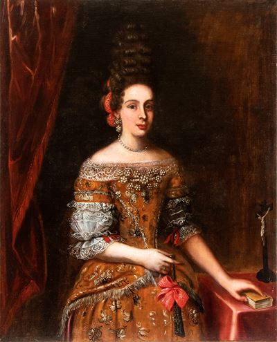 Ritratto di Dama con Acconciatura Elaborata, Ventaglio e Messale