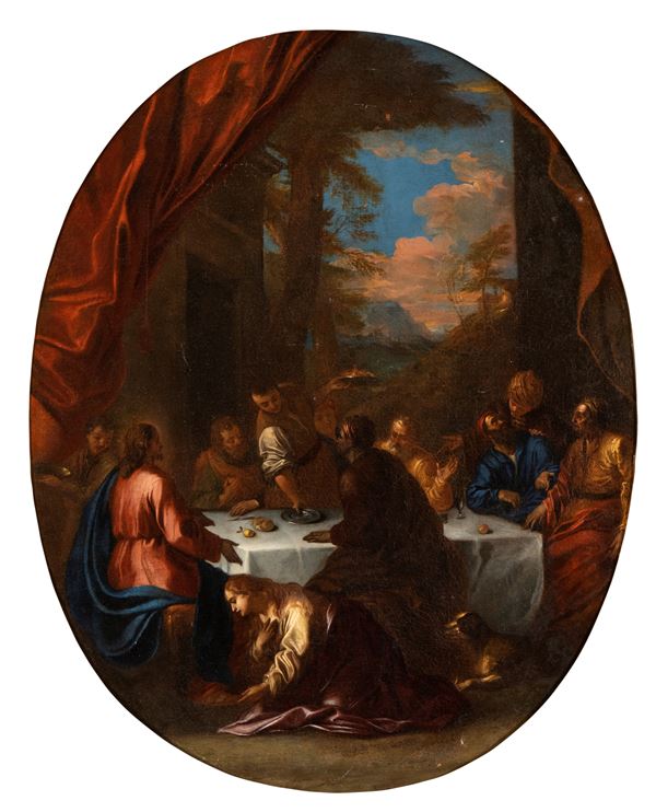 Artista emiliano, XVIII secolo - Magdalene washing the feet of Christ in the House of Simon