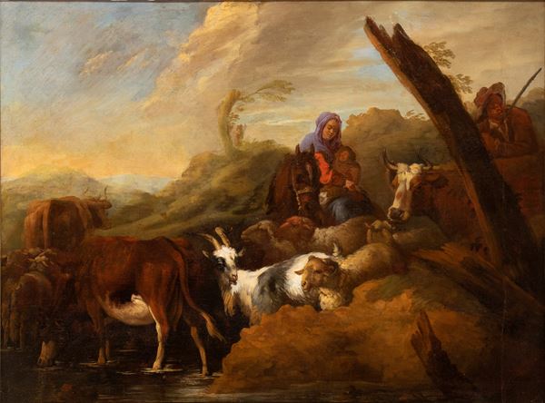Giovanni Benedetto Castiglione Il Grechetto - Paesaggio con famiglia di pastori e armenti