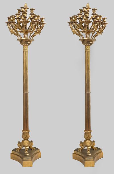 Coppia di torcieri in bronzo dorato, Milano XIX secolo