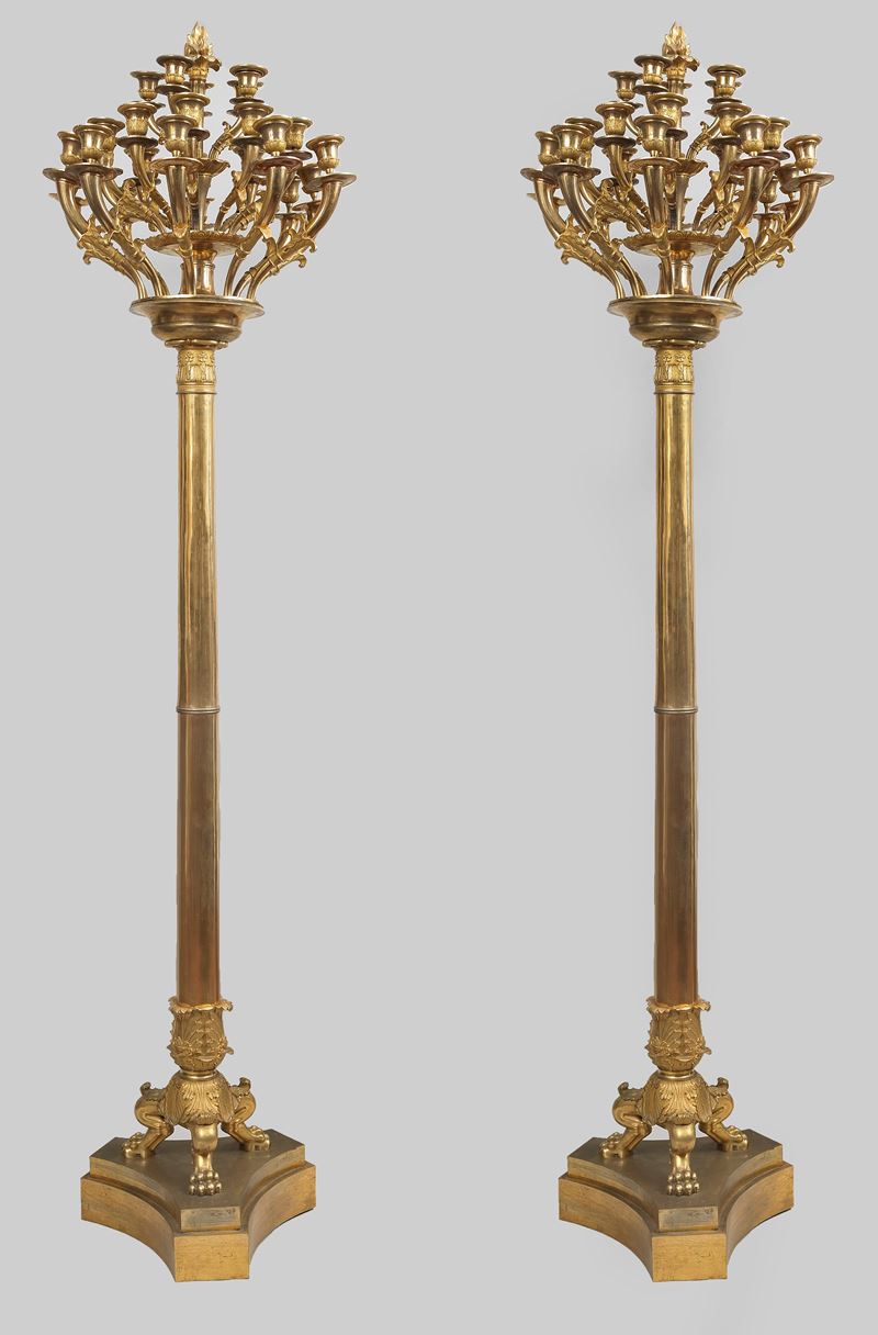 Luigi Manfredini - Coppia di torcieri in bronzo dorato, Milano XIX secolo