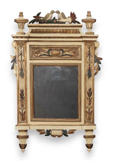 Specchiera italiana neoclassica, legno intagliato, dorato e dipinto in policromia, Venezia, fine ...