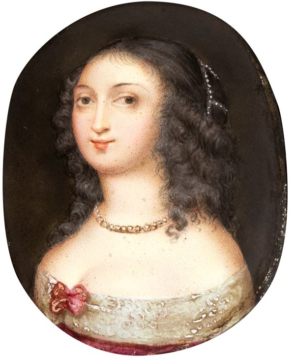 Artista attivo a Roma, XVIII secolo - Portrait of a lady with red bow and pearl necklace