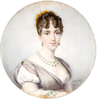 Ritratto di gentildonna con orecchini e collana di smeraldi, olio su carta