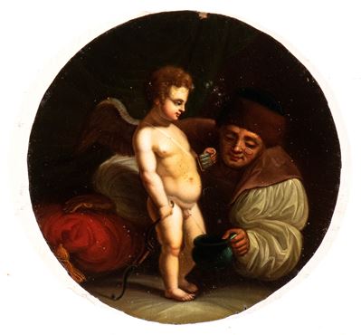 Autore non identificato, Amorino che minge, olio su tavoletta
