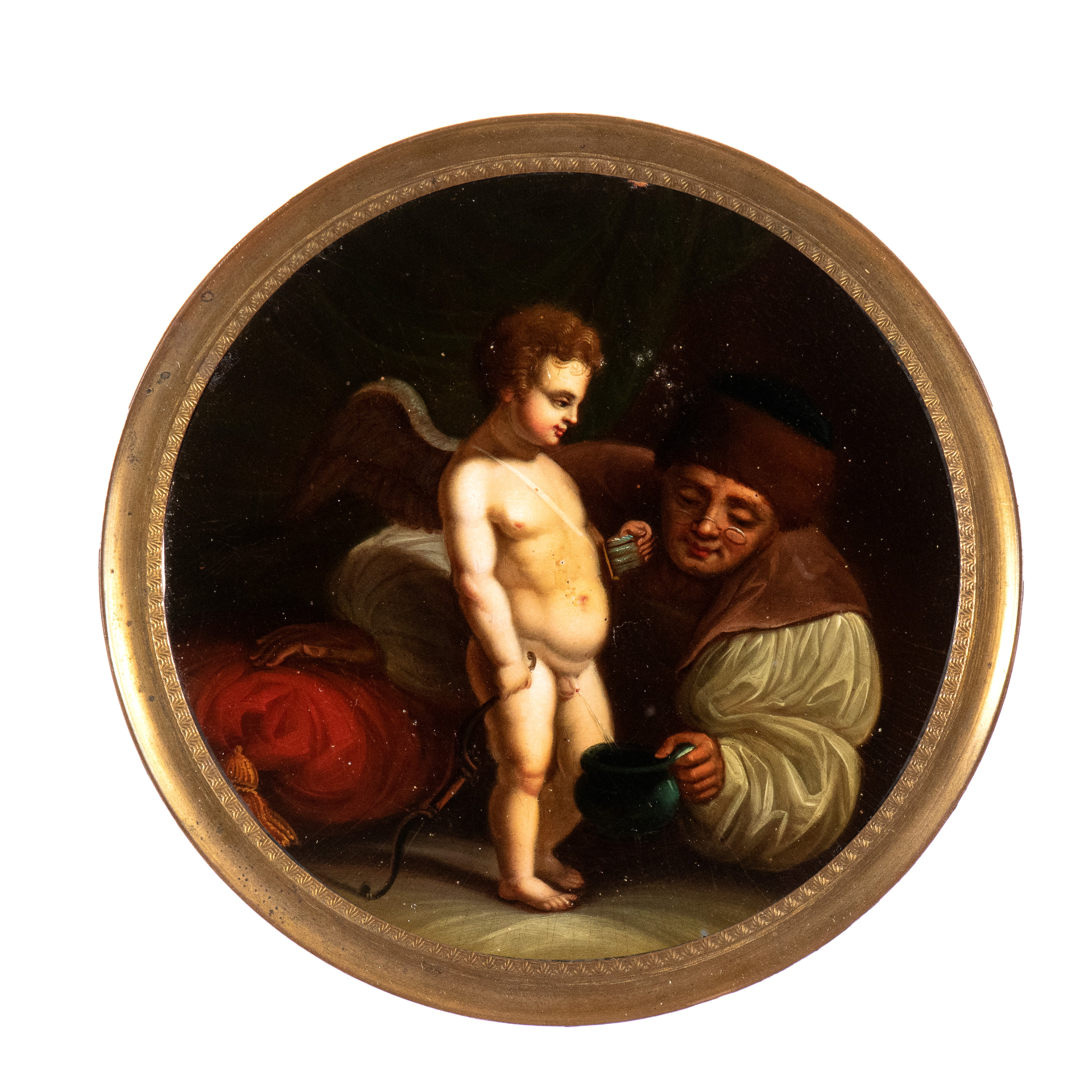 Artista Fiammingo, XVIII-XIX Secolo - Autore non identificato, Amorino che minge, olio su tavolet...