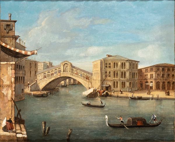 Artista attivo a Venezia, XIX secolo - View of the Rialto bridge with palazzo dei Camerlenghi