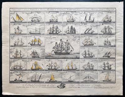 Veduta di tutte le specie di bastimenti da guerra e mercantili che navigano nel Mediterraneo, acq...