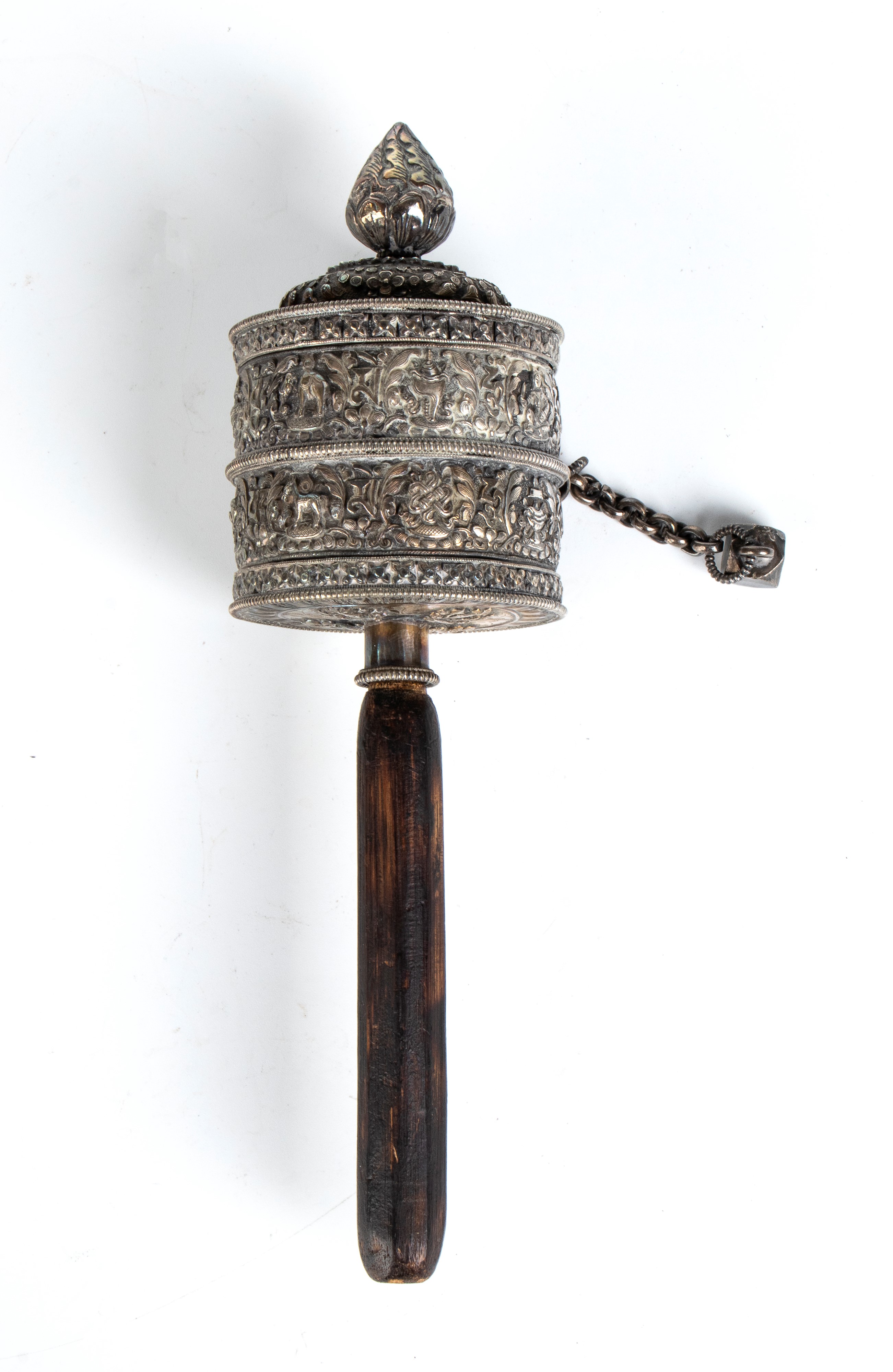 Ruota da preghiera tibetana in argento e phurbu in bronzo