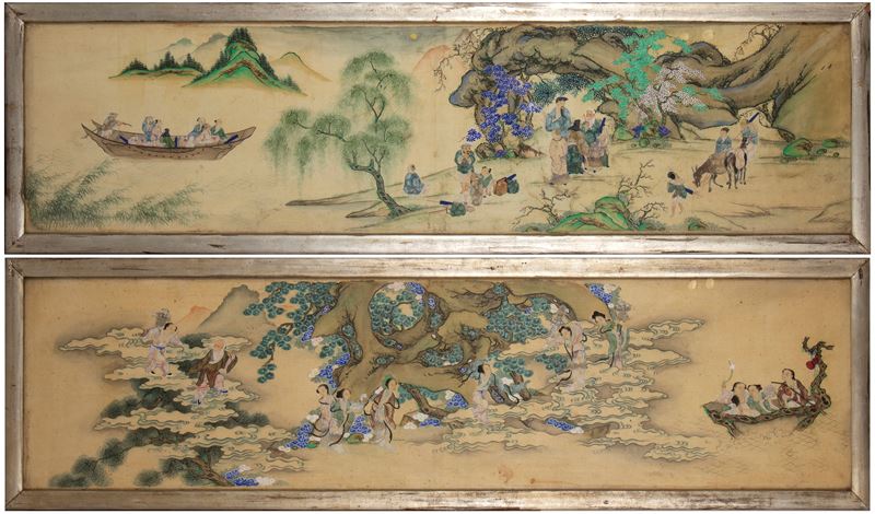 Coppia di pannelli dipinti su seta