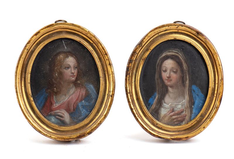 XIX secolo, Coppia di dipinti su rame raffiguranti San Giovanni Evangelista e la Vergine