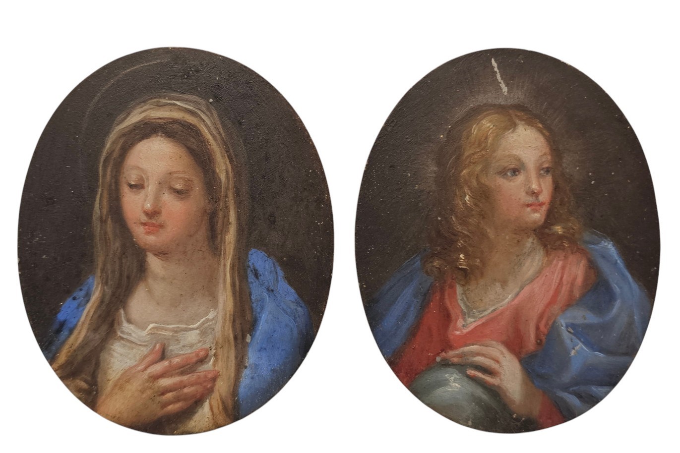 XIX secolo, Coppia di dipinti su rame raffiguranti San Giovanni Evangelista e la Vergine
