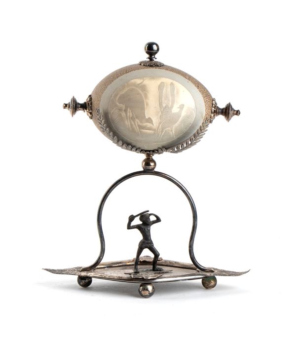 Silver-plated mounted painted Emu egg