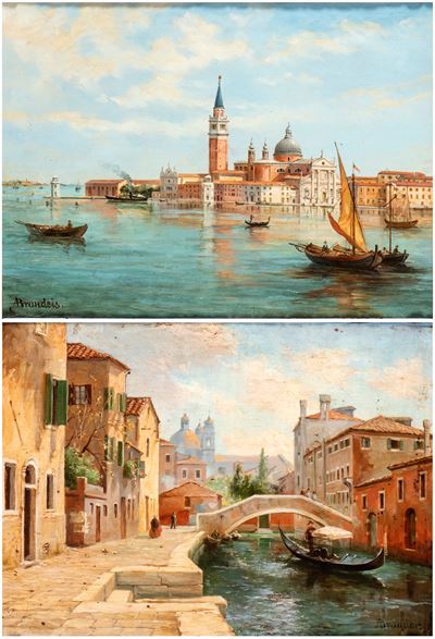 A) Veduta Dell'isola di San Giorgio; B) Veduta di un Canale di Venezia. Coppia di Dipinti