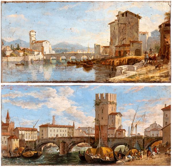 Artista italiano, XIX secolo - a) View of Pisa coming from Livorno; b) View of Verona near the Ponte Navi. Pair of paintings