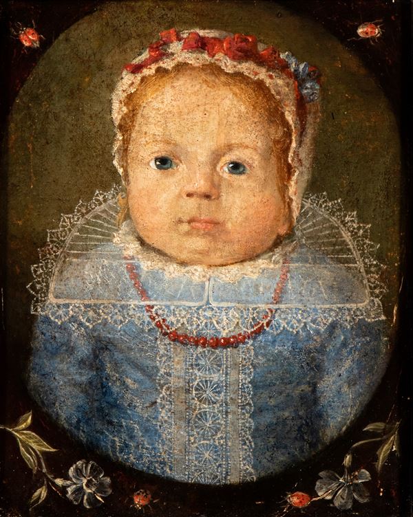 Artista fiammingo, XVII secolo - Portrait of infant with coral necklace
