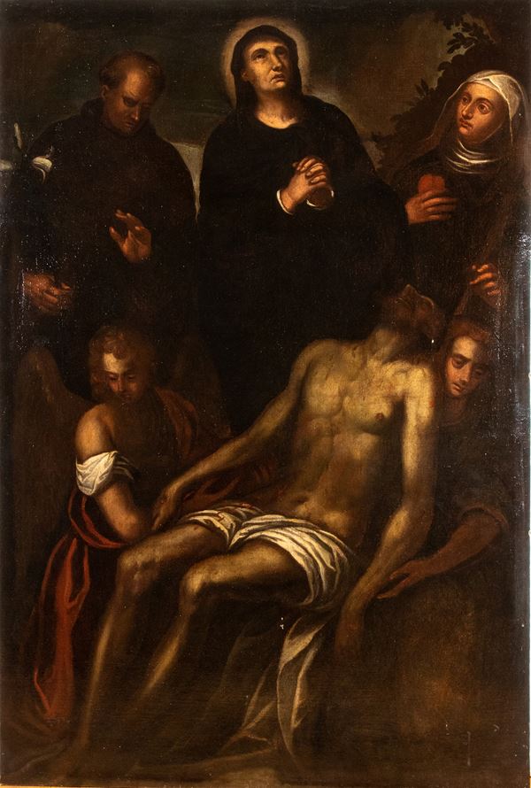 Artista veneto, XVII secolo - Lamentation over the Dead Christ with Saint Anthony of Padua and Saint Rita of Cascia