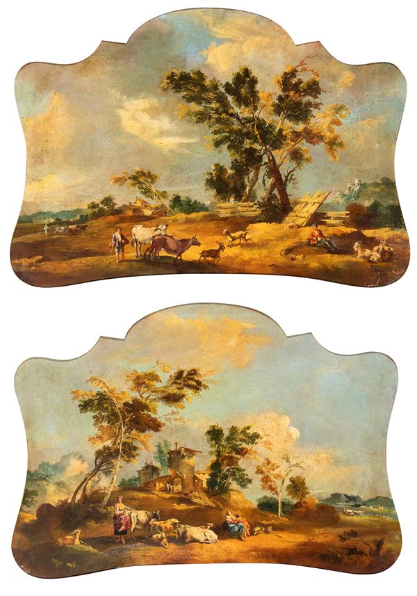 Giuseppe Zais - a) Landscape with shepherds and herds; b) Landscape with shepherdesses, flocks and farm. Couple of paintings